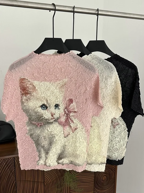 

Шикарная женская рубашка с текстурным принтом, дышащий топ с короткими рукавами, милый стиль, весенне-летняя мода, повседневная одежда из удобной ткани