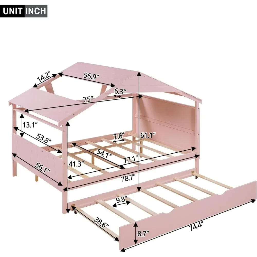 Casa para niños, diseño de casa de juegos con cama nido, fácil de montar con cabecera y estante de almacenamiento, sofá cama completo con techo para niños