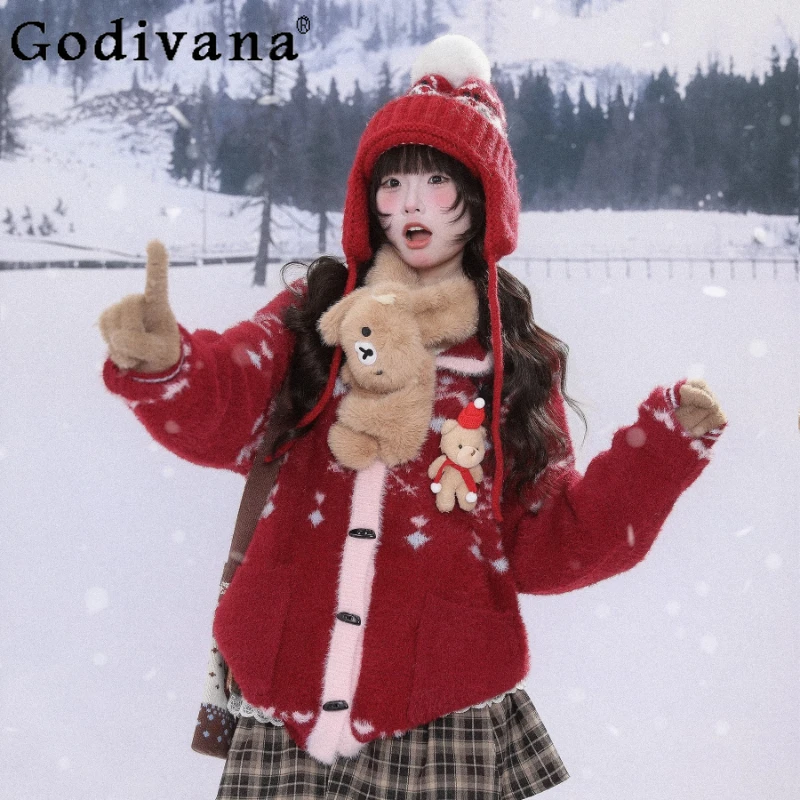 المخملية عيد الميلاد سترة حمراء المرأة الشتاء سميكة الدافئة سترة معطف الإناث النمط الياباني الحلو فضفاض سترة متماسكة #5