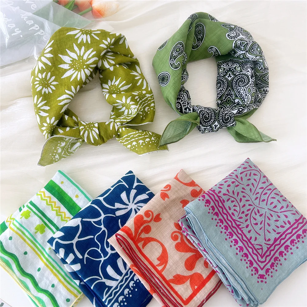 

Cotton Linen Square Scarf Floral Print Hair Scarves Thin Sunscreen Floral Handkerchief Flower Headscarf All Match Bandana