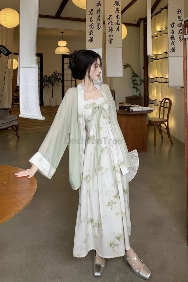 2025 chinese style vintage improved daily hanfu clothing set dainty bamboo printed suspended dress retro zen sunscreen cardigan