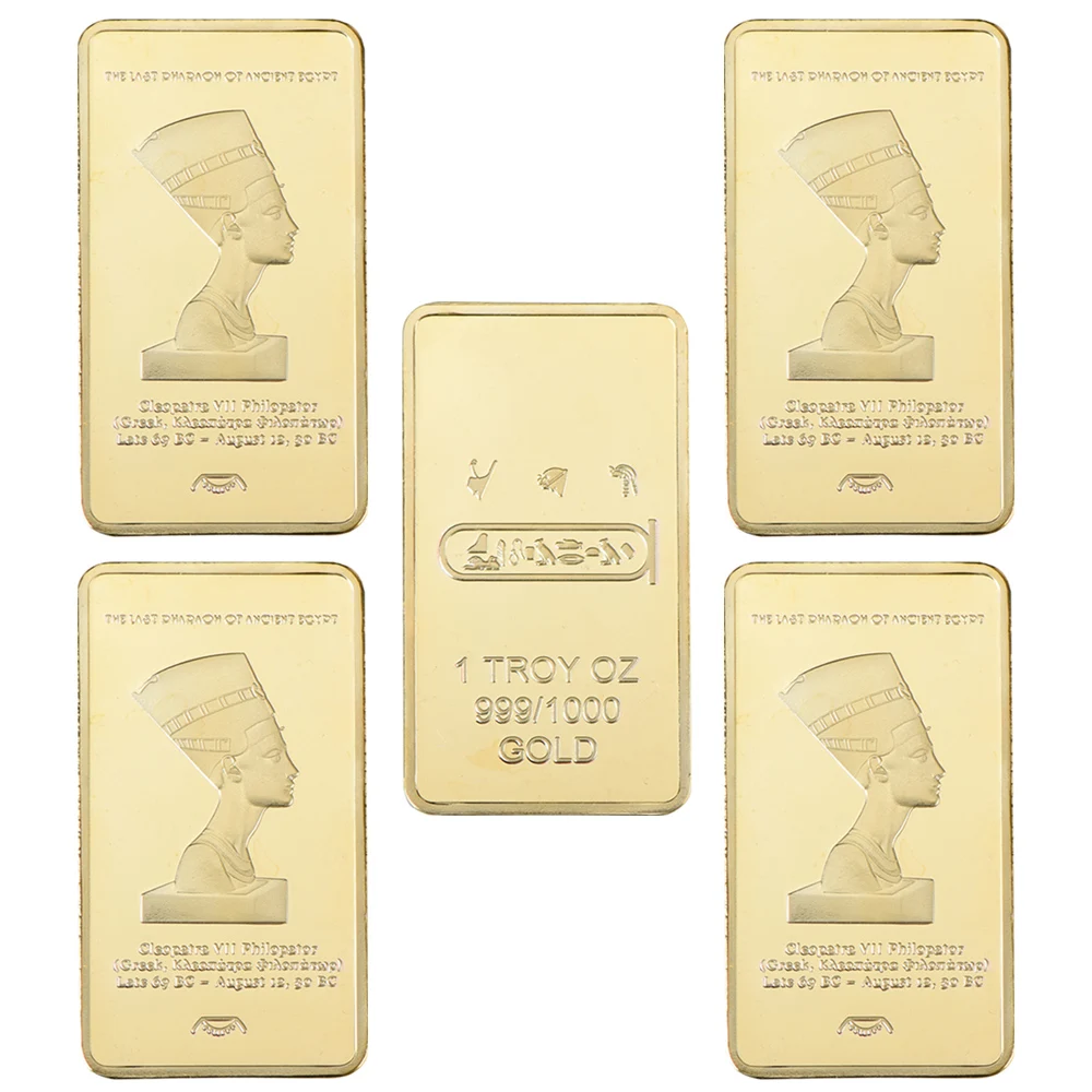 5pcs Ancient Egyptian Queen Cleopatra Metal Bullion Bar Egypt Pyramid Replica Square Coin History Collector Decor Holiday Gifts