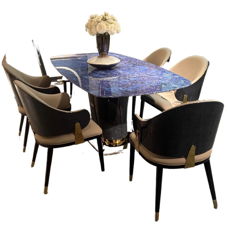 

* Итальянский светлый роскошный мраморный обеденный стол и комбинация стульев, прямоугольная вилла, элитный большой плоский обеденный стол для особняка