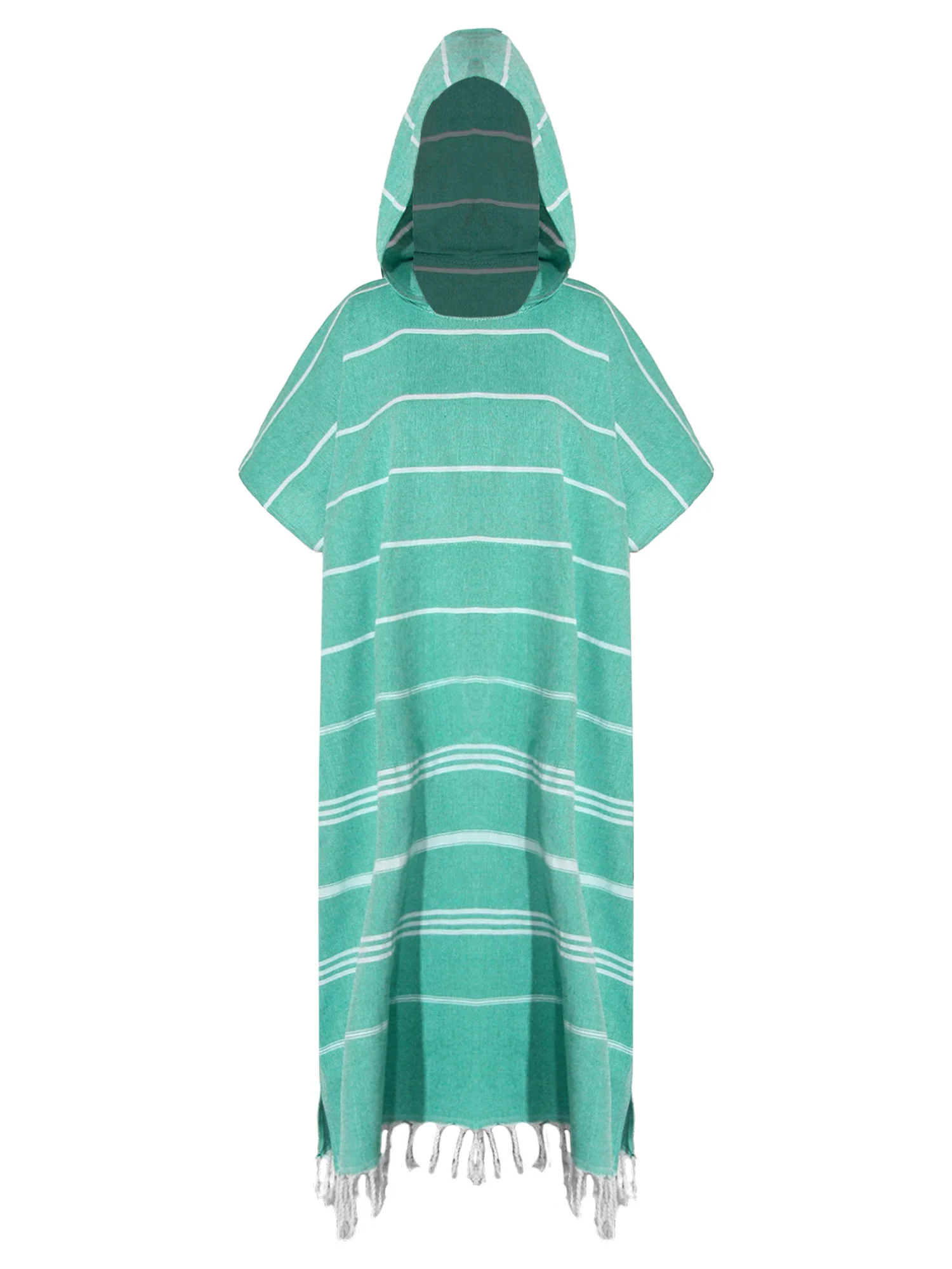 Unisex Turkish Striped Hooded Robe Cape with Pockets Braided Hem Lightweight Quick Dry for Beach Swimming Hot Spring Surfing