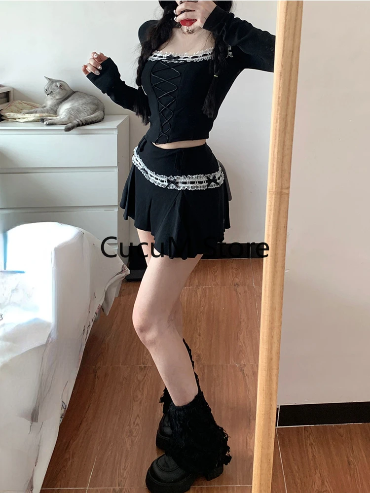 Women Dark Academia Y2k 2000s Aesthetic Rave Night Club Outfits 2 Piece Set Long Sleeve T-Shirts Crop Tops + Mini Pleated Skirts