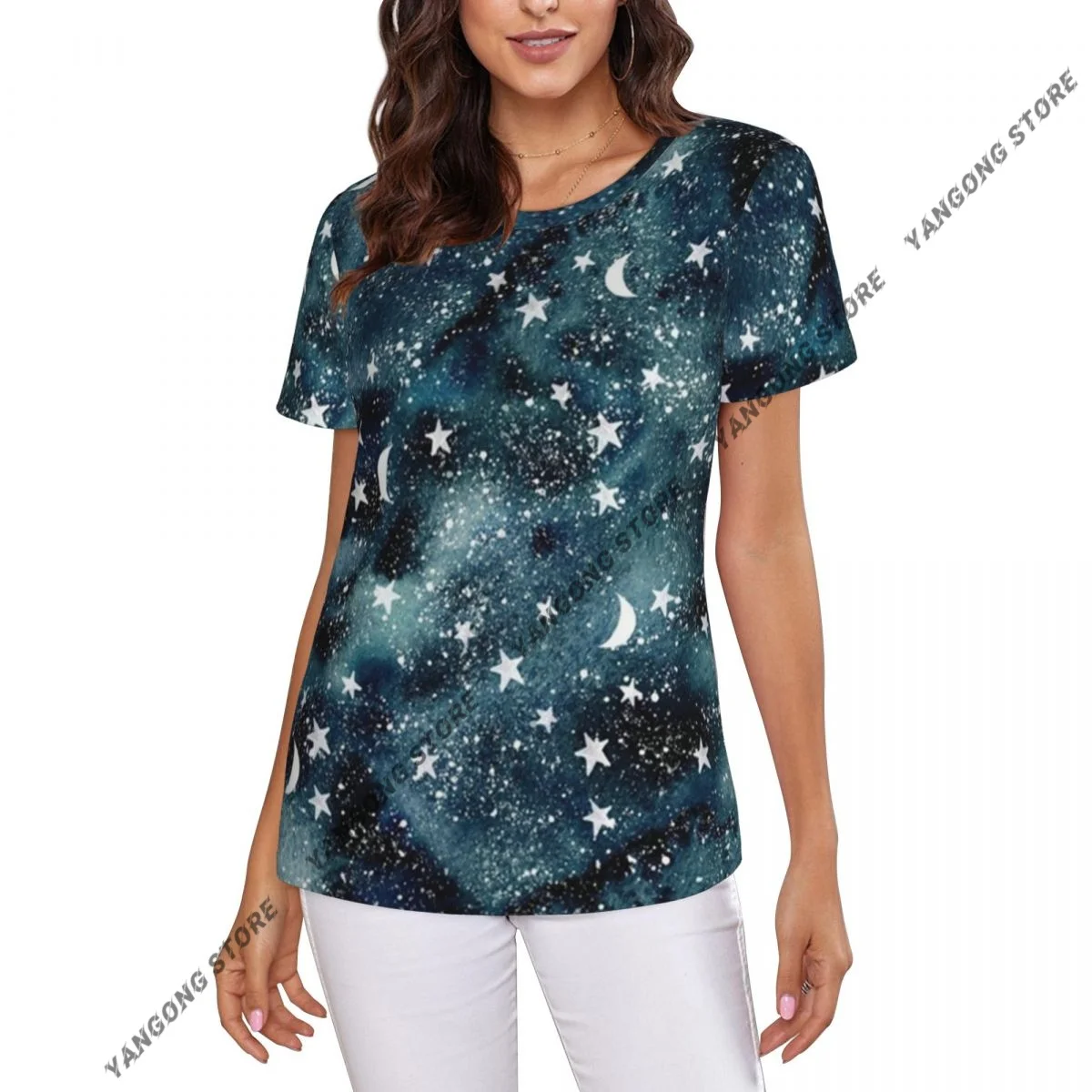 Women Short Sleeve Top Star Moon Starry Sky T-shirt Fashion Summer Female Tops Loose Round Neck T Shirt