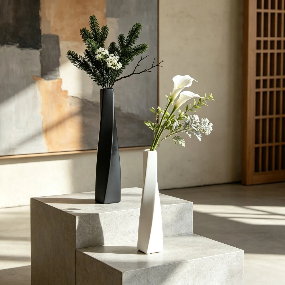 Twisted Ceramic Vase Matte Black White Tall Narrow Mouth Flower Vase Minimalist Home Tabletop Decor for Dry Floral Arrangement