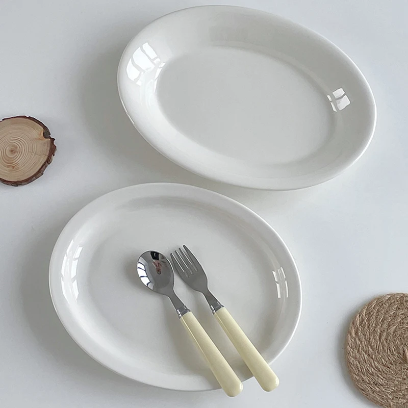 

White Ceramic Oval Plate Western Plate Household Fish Plate Simple Dessert Snack Plate Korean Tableware