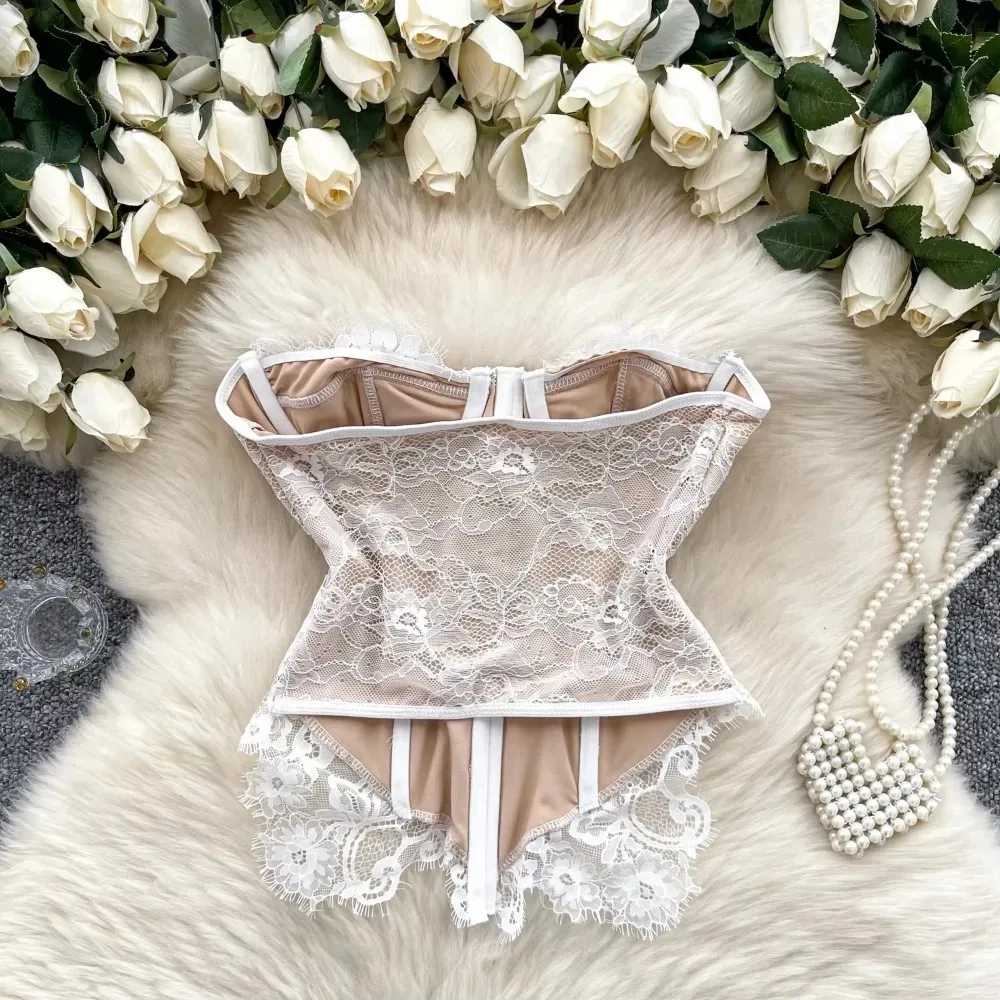 Vintage Mesh Elegant Embroidered Chic Single Breasted Strapless Tank Top Women French Hotsweet Streetwear High Street Clothing