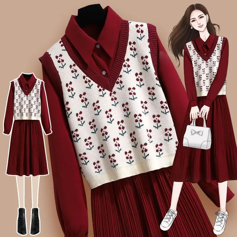 Autumn New Flower Knitted Tank Top Vest Pleated Long Sleeve Dress Two Piece Elegant Women's Dress Set Winter Outfits