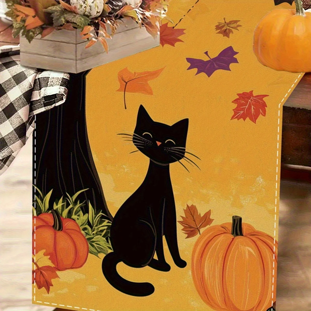 【Autumn Black Cat】Maple Leaf Pumpkin Table Runner, Reusable, Dining & Coffee Table Runner