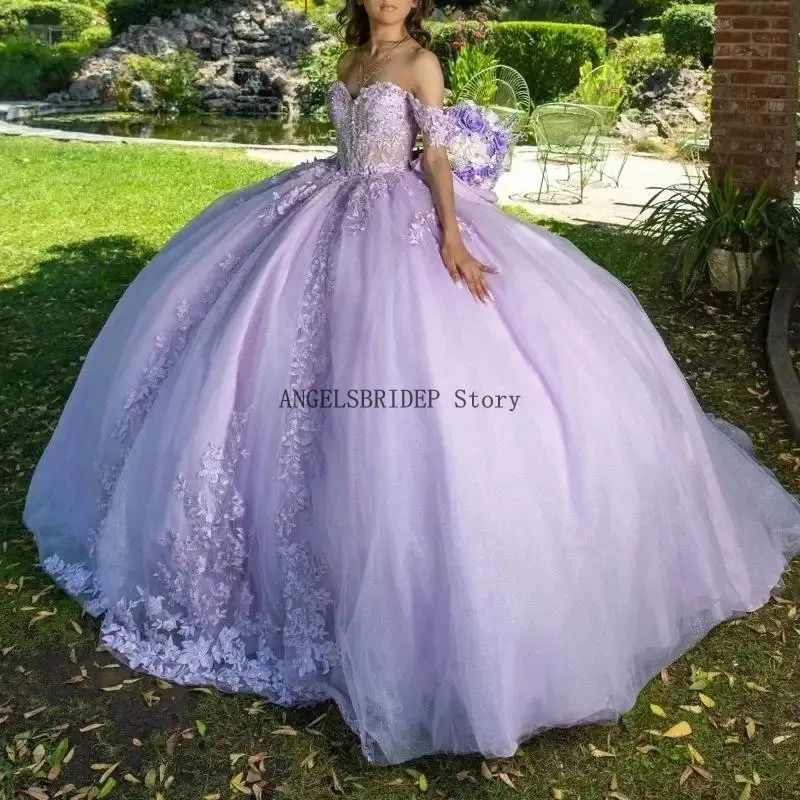 ANGELSBRIDEP Elegant Lavender Sweet 16 Quinceanera Dresses Applique Lace Bow Tull Party Birthday Vestides De 15 Anos Customized