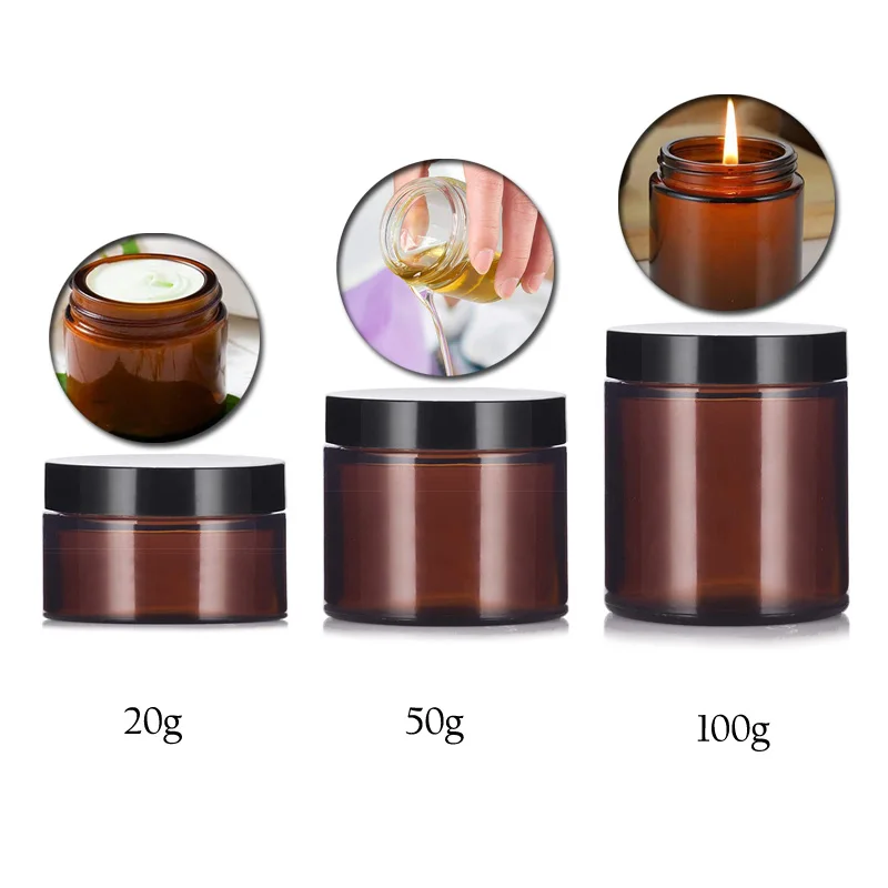 4pcs 20g/50g/100g Amber Glass Jar Straight Sided Cream Jars Plastic Lid Cap Inner Liner for Salve Homemade lotion cosmetics