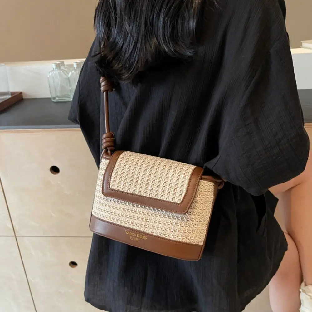 

Casual Large Capacity Weave Bag Shopping Bag PU Leather Straw Bag Colorful Fashion Bohemian Shoulder Bag Women