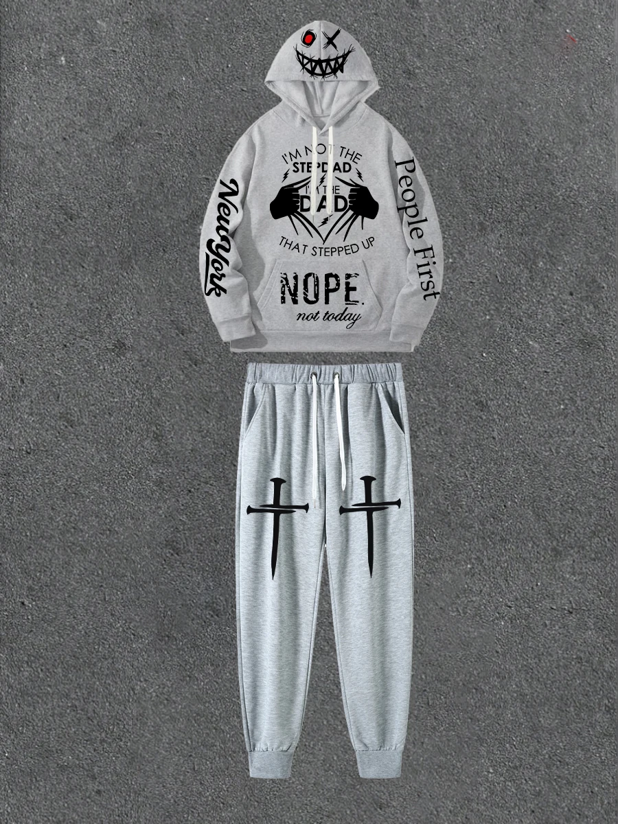 

Gray Double-sided Printed Hoodie Paired With Printed Casual Pants Loose Hoodie Street Style Outfit With Casual Pants