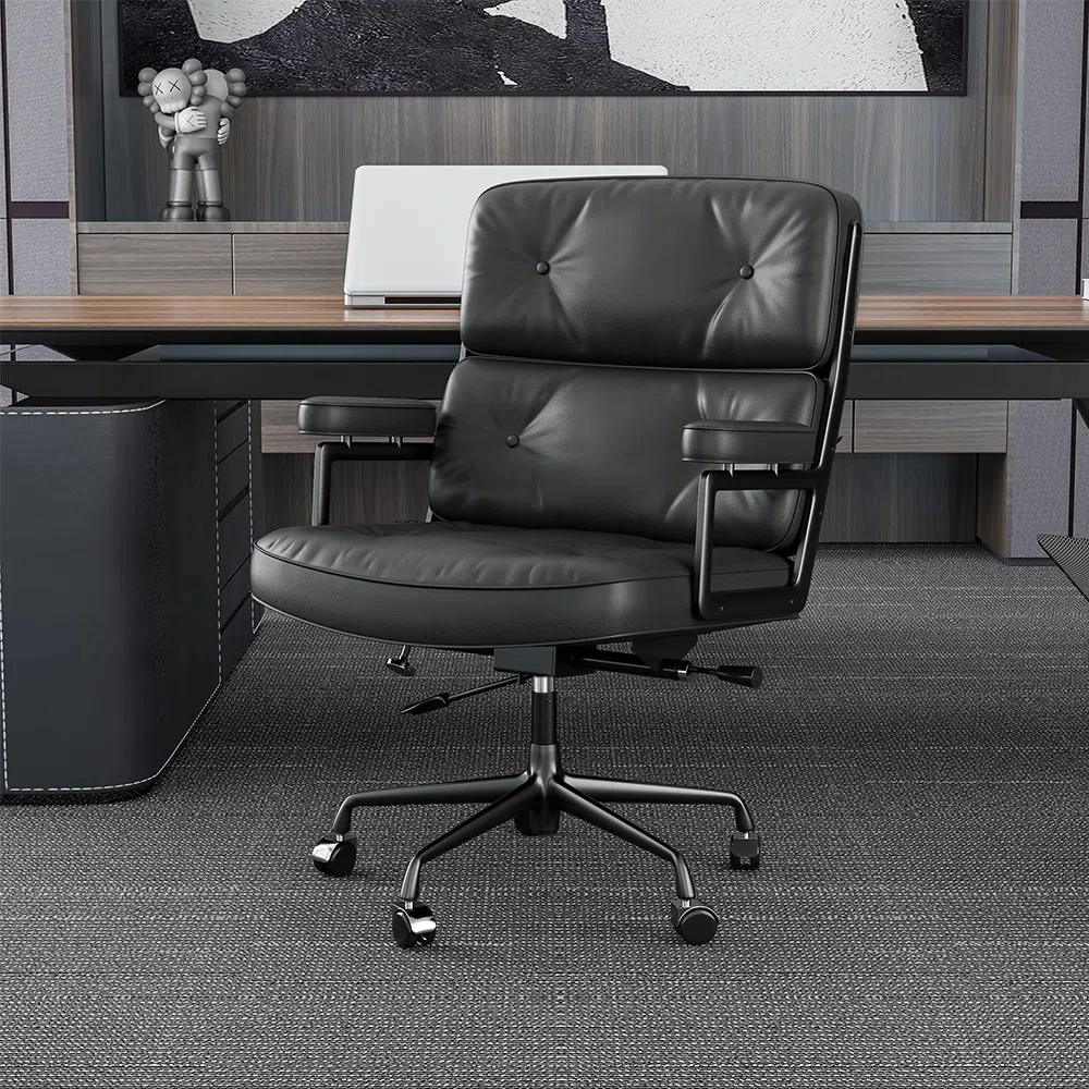 Leather Office Desk Chair Polished Aluminum Alloy Frame Ergonomic Design Chair Lumbar Support Swivel Executive Chair