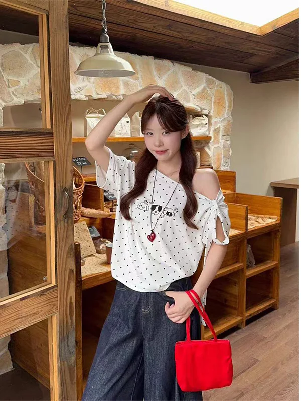Sweet Girl Pure Desire Shoulder Bared Short Sleeve T Shirt Women's New Summer Loose Korean Design Small Audience Diagonal Sho...