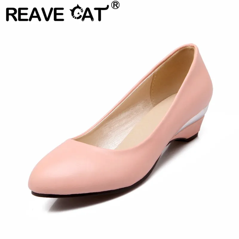 

REAVE CAT Brand Office Ladies Pumps Round Toe Strange Heels 3.5cm Slip On Plus Size 46 47 48 Spring Summer Women Loafers Shoes