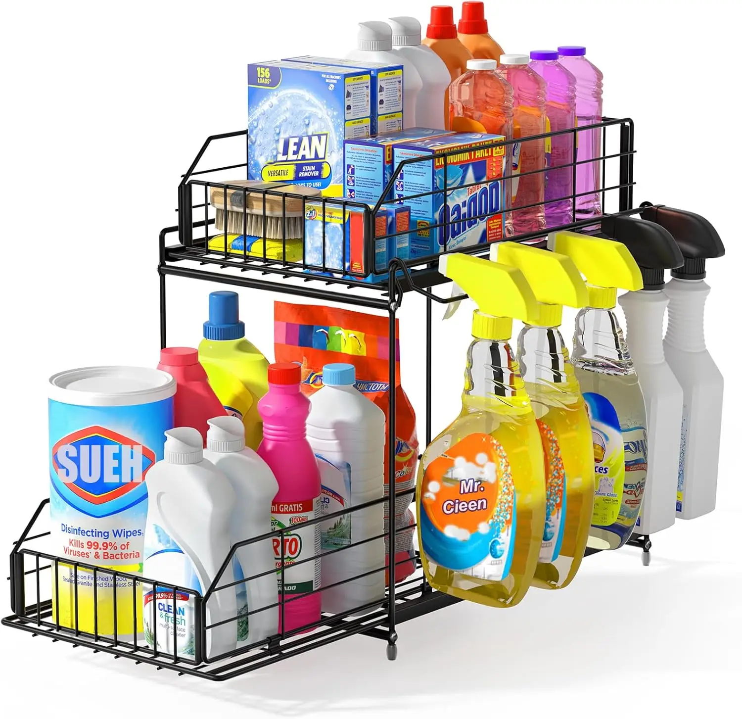 

Under Sink Organizer, 2 Tier Bathroom Cabinet Organizer Metal Kitchen Sink Organzier with Hanging Rail for Kitchen Bathroom O