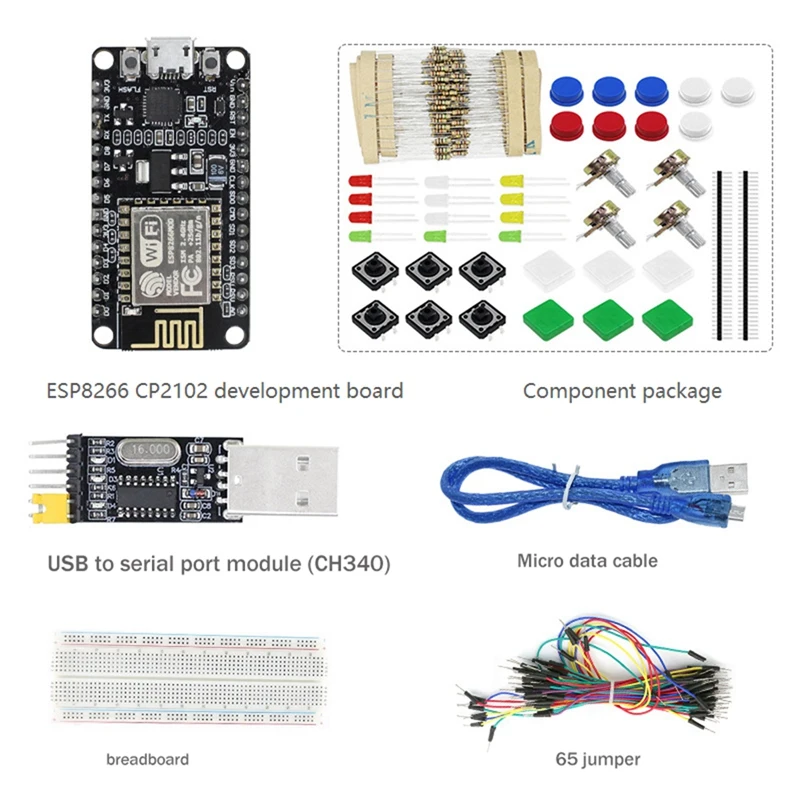 

ESP8266 CP2102 Nodecu Lua V3 ESP-12E Black Development Board +Component Package+USB To Serial Port Module+65 Jumper+Bread Board