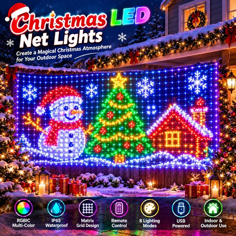 1PC RGBIC LED Matrix Grid Net Lights Flexible Outdoor Waterproof Patio Pergola Bush Wedding Party Holiday Yard Garden Decor