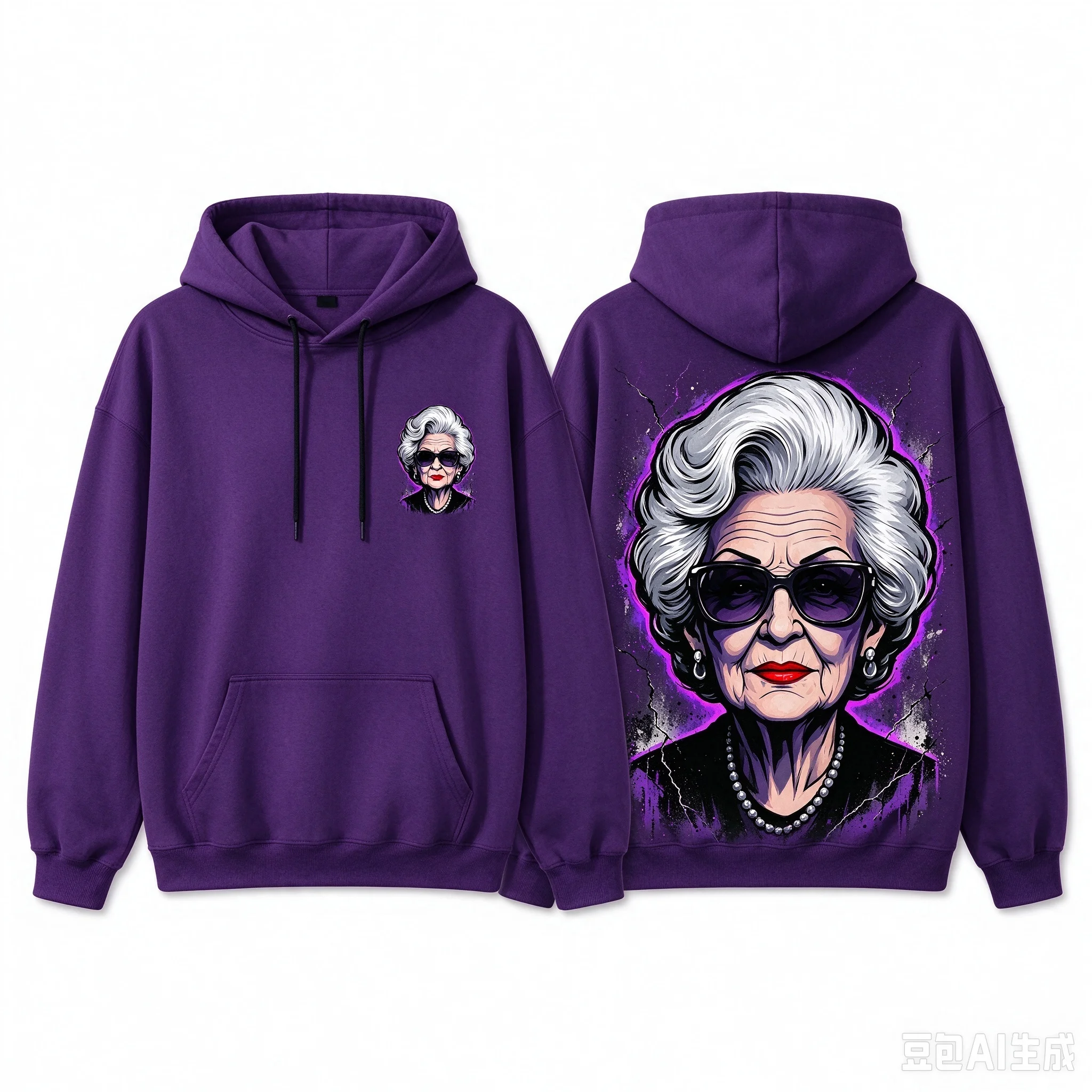 Men's Loose Drawstring Hoodie, Right Chest Small Trendy Grandma Logo, Back Cool Old Lady Head Graphic Pullover, Streetwear Casua