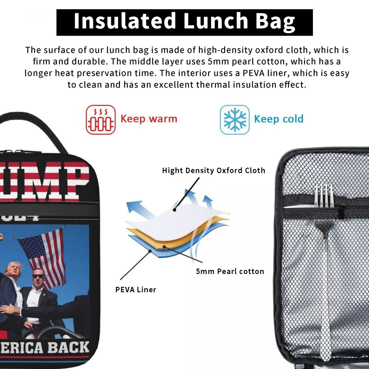 Insulated Lunch Bag Fight Trump 2024 Merch Trump Shot Shooting Take American Back Storage Food Box Cooler Lunch Box For School