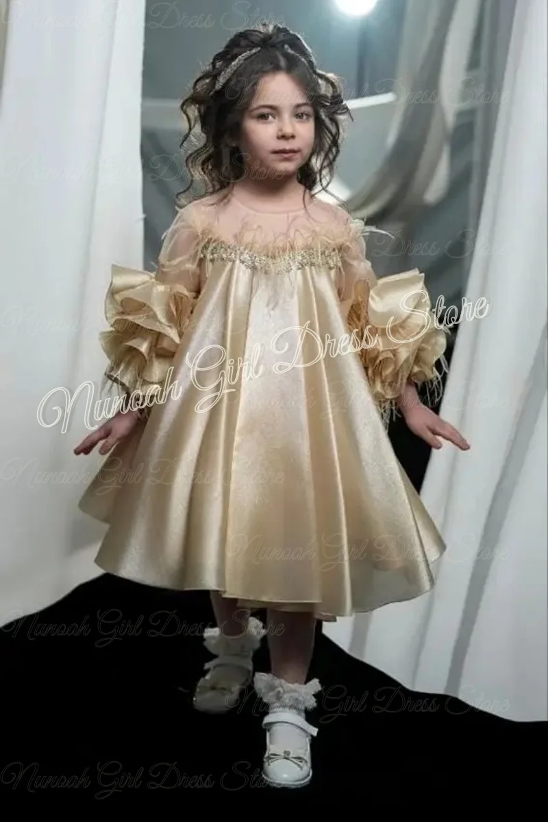 Champage Flower Girl Dress For Wedding with Bow Feather Full Sleeves Girl Birthday Party First Holy Communion Gown Customized