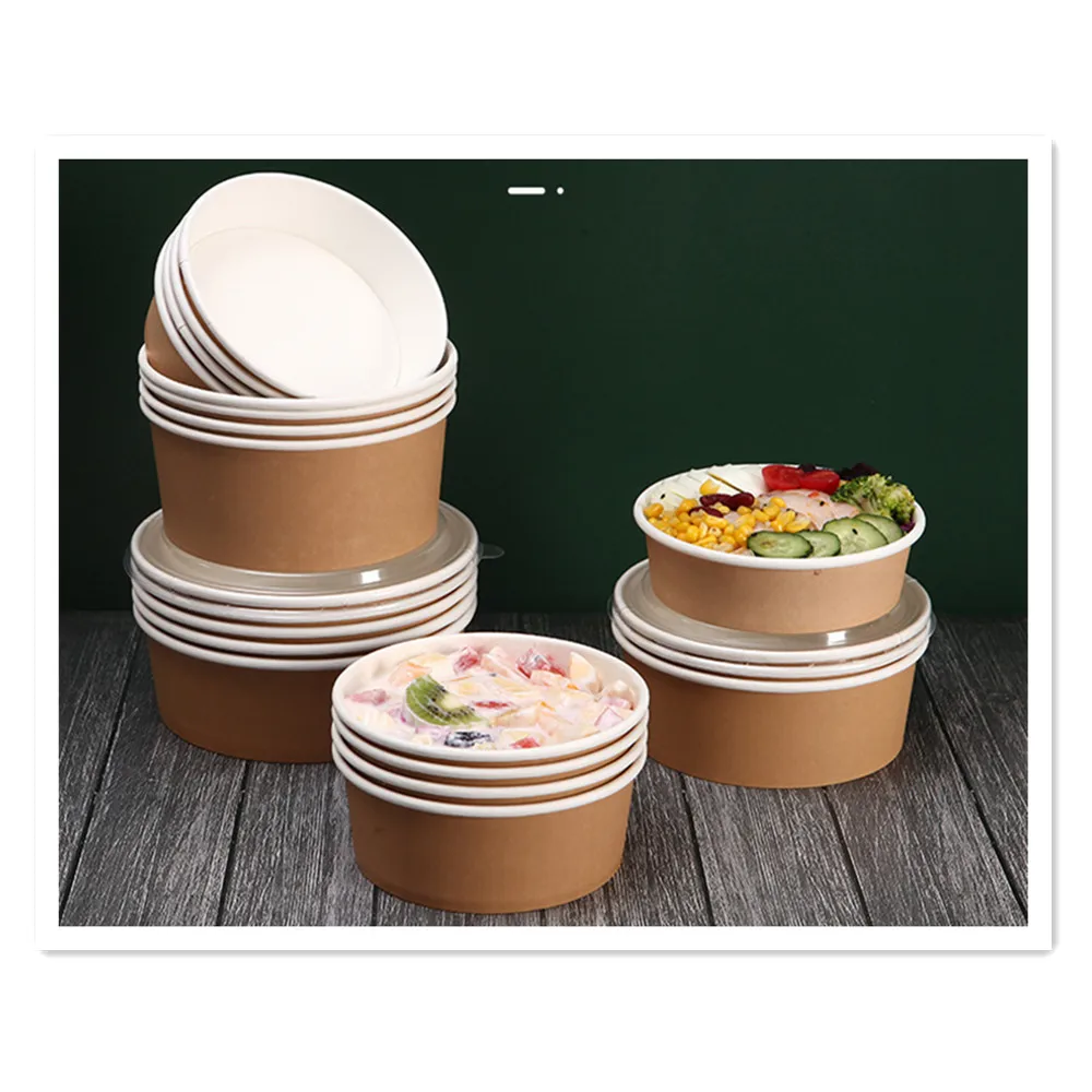 10 PCS Kraft light food paper bowl salad bowl thickened disposable bowl wholesale round with lid fast food takeaway packing