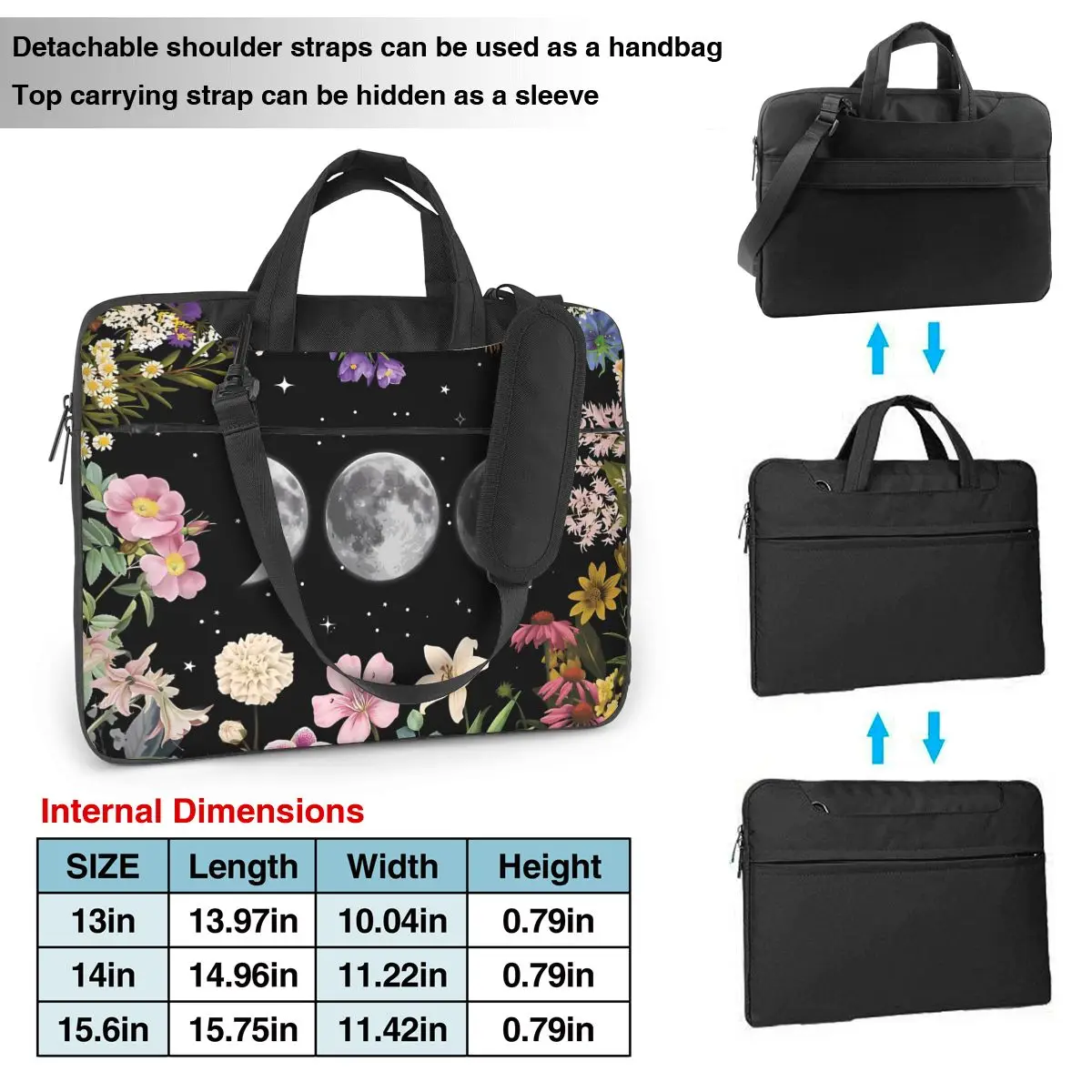 Moon Phases Laptop Bag Flowers Magical Elements For Macbook Air Pro Asus 13 14 15 Notebook Pouch Portable Travel Computer Pouch