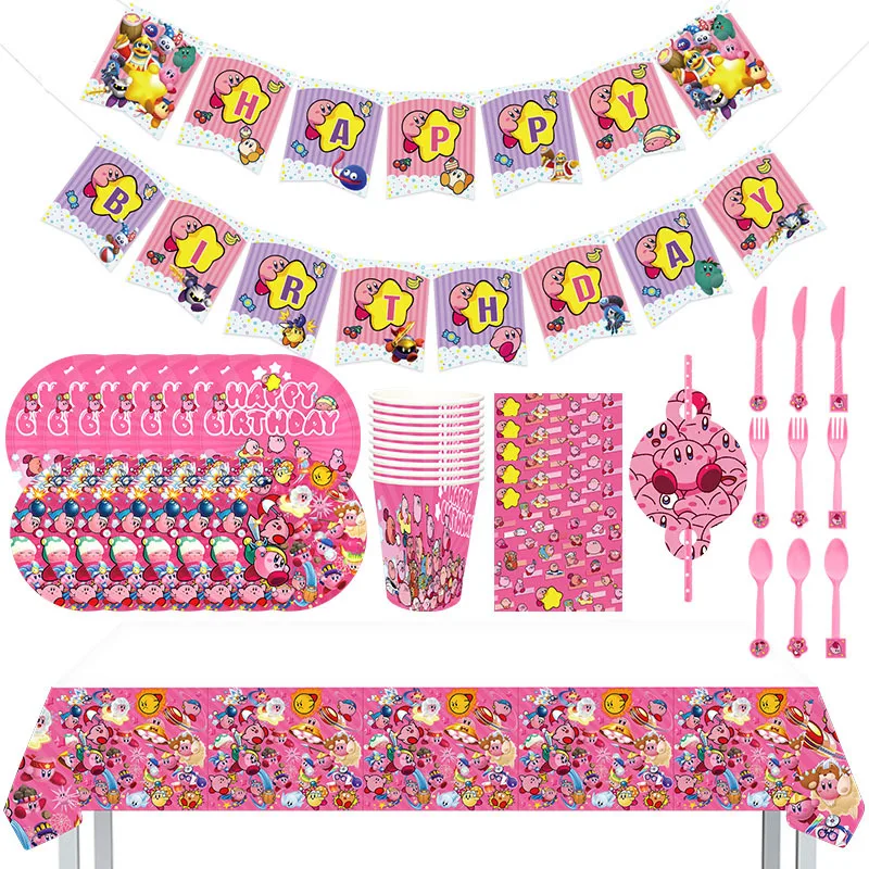 

Cartoon Pink Star Kirbyed Tablware Set Party Decoration Paper Napkin Cake Topper Toy Gifts Girl Princess Birthday Family Holiday