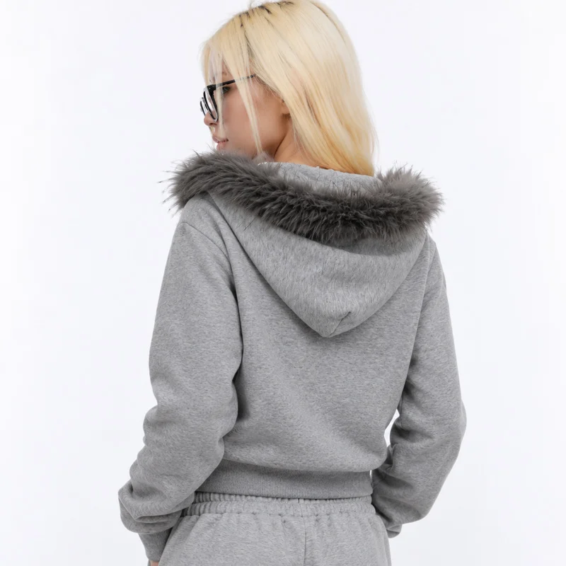 Women Gothic Y2K Zip-up Hoodie  Faux Fur Hood Trim Vintage Floral Rhinestone Print Long Sleeve Front Pocket Casual Sweatshirt