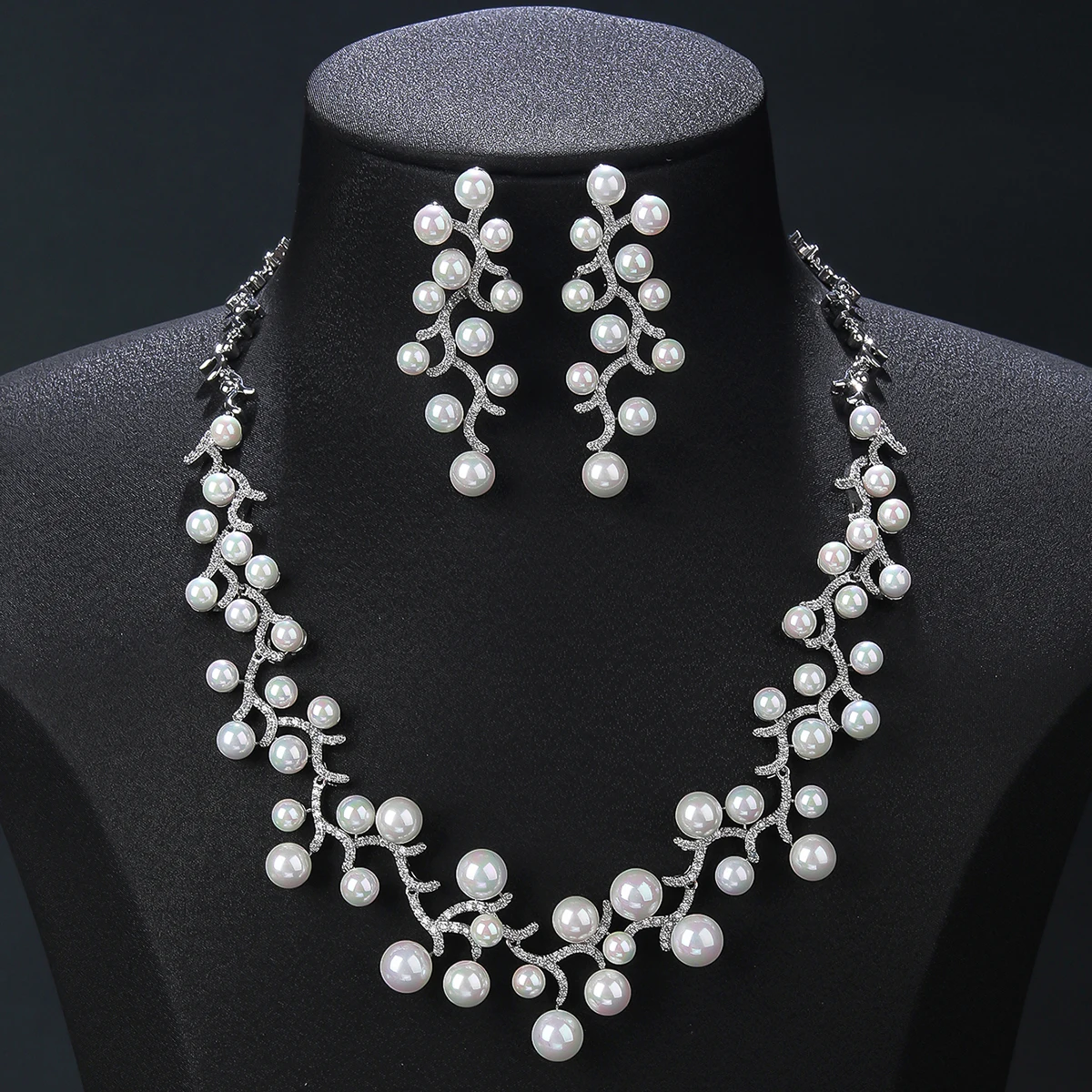 

High Quality Cubic Zirconia Bridal Jewelry Sets for Women Pearl Necklace Earrings Wedding Accessories Bridesmaid Gift CN11360