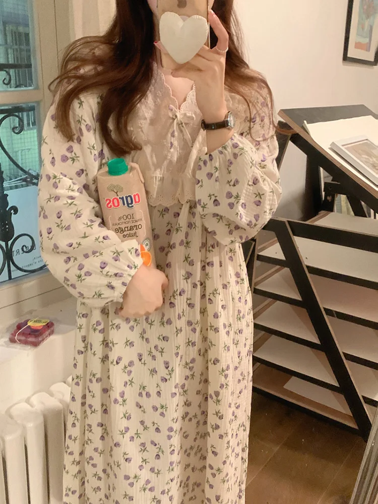 

Sweet Flowers Floral Print Sleepwear Korean Lace Spring Long Sleeve NightDress Women Loose Splicing Elegant Casual Pajama Set