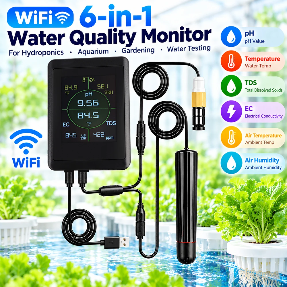 6 In 1 WiFi Hydroponics Water Quality Monitor Dual Probe Multi-Parameter PH TDS EC Temp Air Temperature Humidity Online Tester