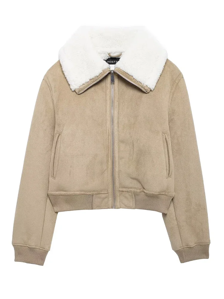 

Осень-зима, новая повседневная женская двусторонняя замшевая куртка, повседневная укороченная куртка на молнии с лацканами и длинными рукавами, женская уличная теплая верхняя одежда