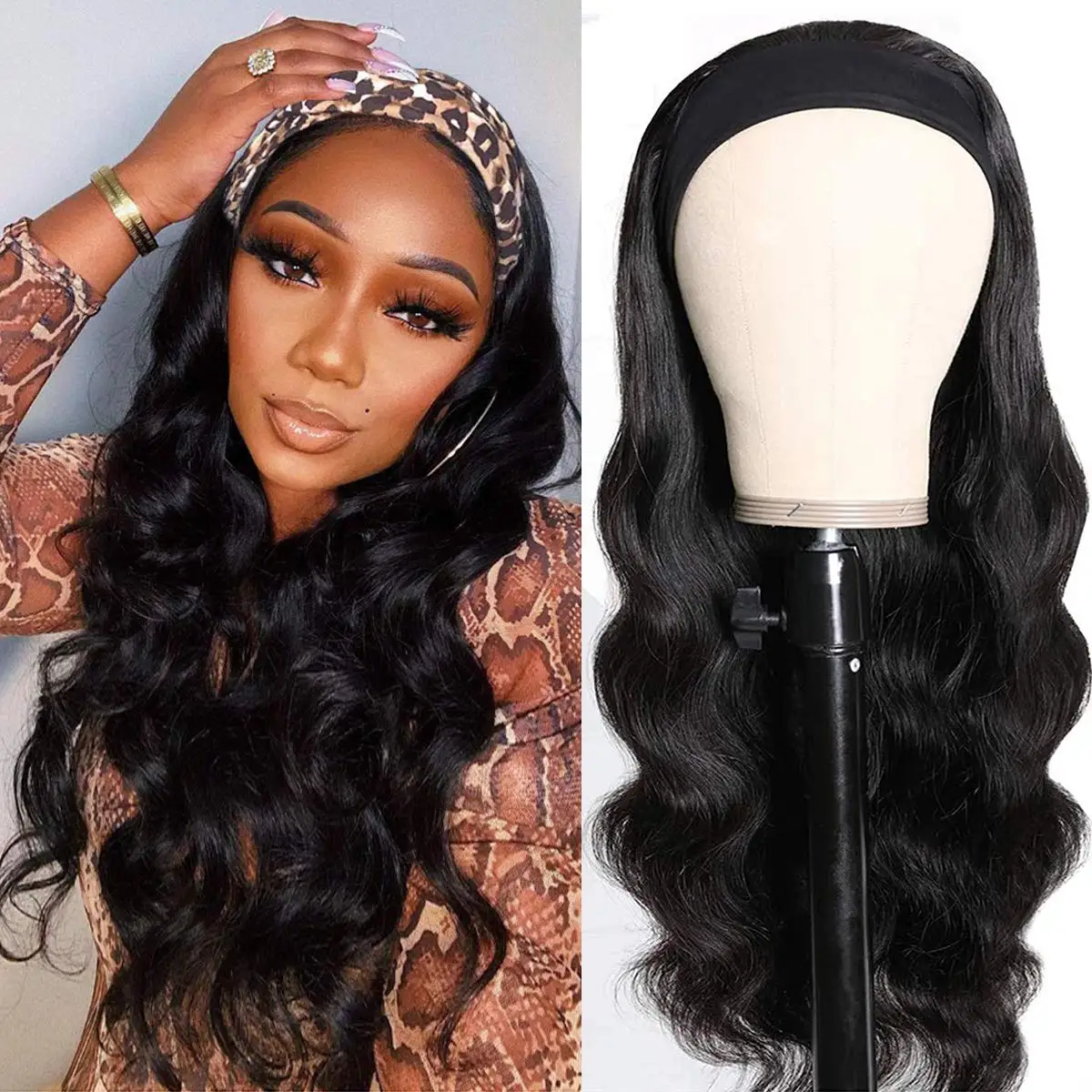 Body Wave Headband Wigs 100% Brazilian Human Hair Headband Scarf Wigs for Women Natural Remy Hair Machine Made Glueless