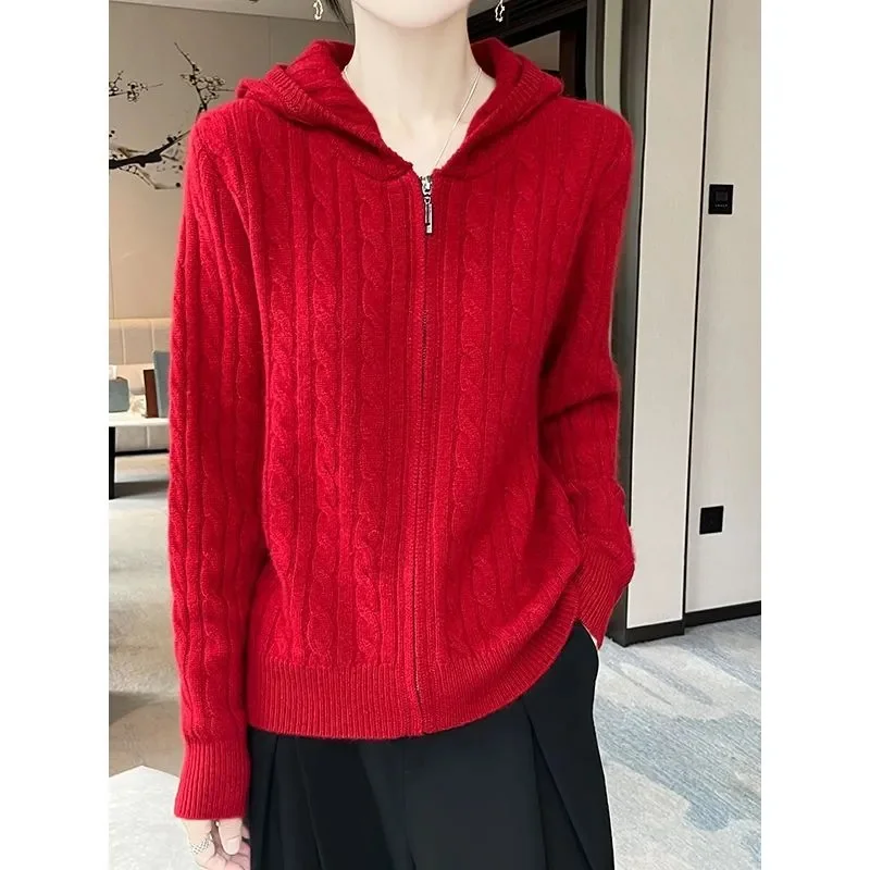 Hooded Cardigan Sweater Coat Women's Short New Autumn Winter 2026 Twist Zipper Knitwear Loose Cardigan Jacket Ladies Explosions