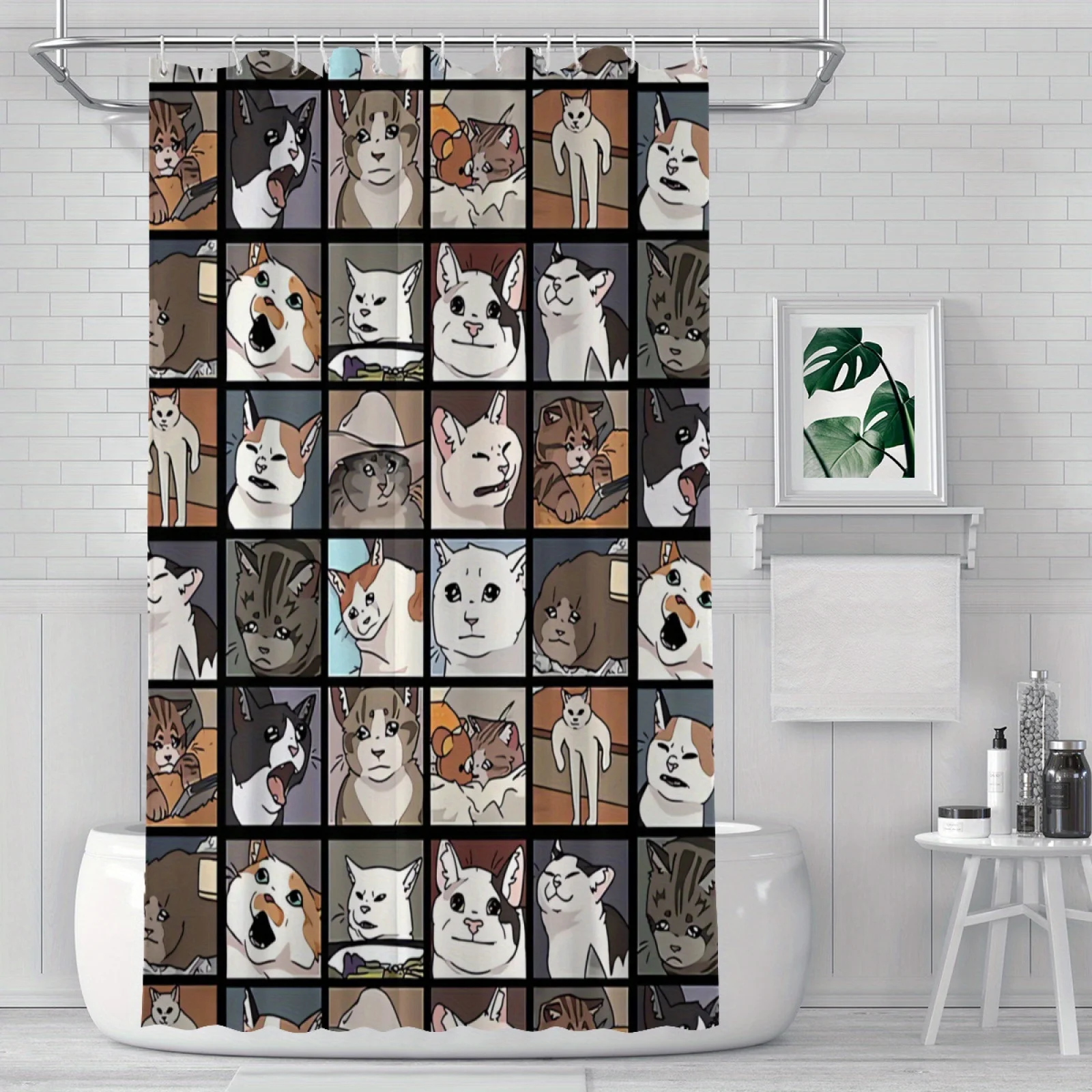 Funny Cat Meme Shower Curtain, Grid Pattern Cartoon Pet Waterproof Bath Curtain, Humorous Animal Bathroom Decor for Cat Lovers