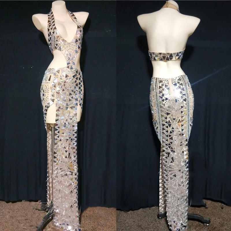 

Net Yarn Stretch Silver Mirrors Dress Sexy Crystals Jazz Dress Gogo Dance Costume Women Evening Celebrate Party Dresses XS2332