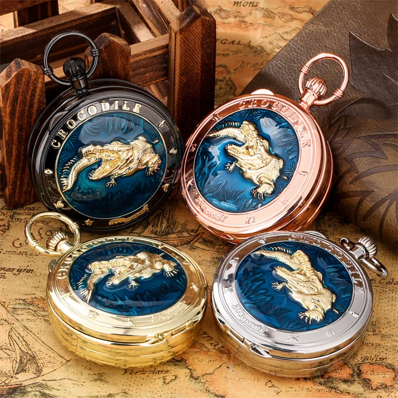 Retro Animal Crocodile Pocket Watch Castle in the Sky Melody Musical Quartz Movement Pendant Chain Collection Timepiece Reloj
