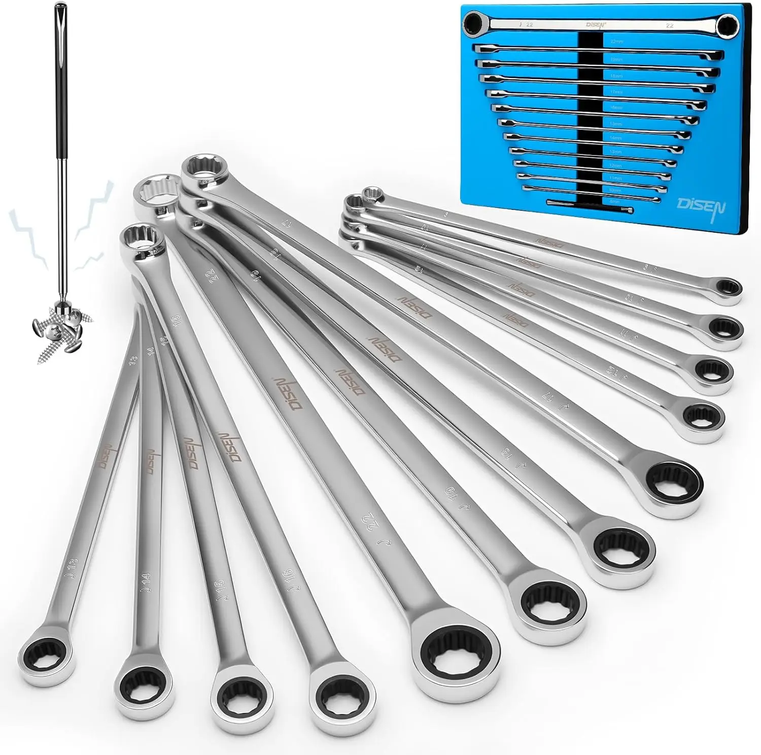 

12+1 Pcs Extra Long Ratchet Wrench Set, Metric 8-22mm with Magnetic Tool for Men's Gifts