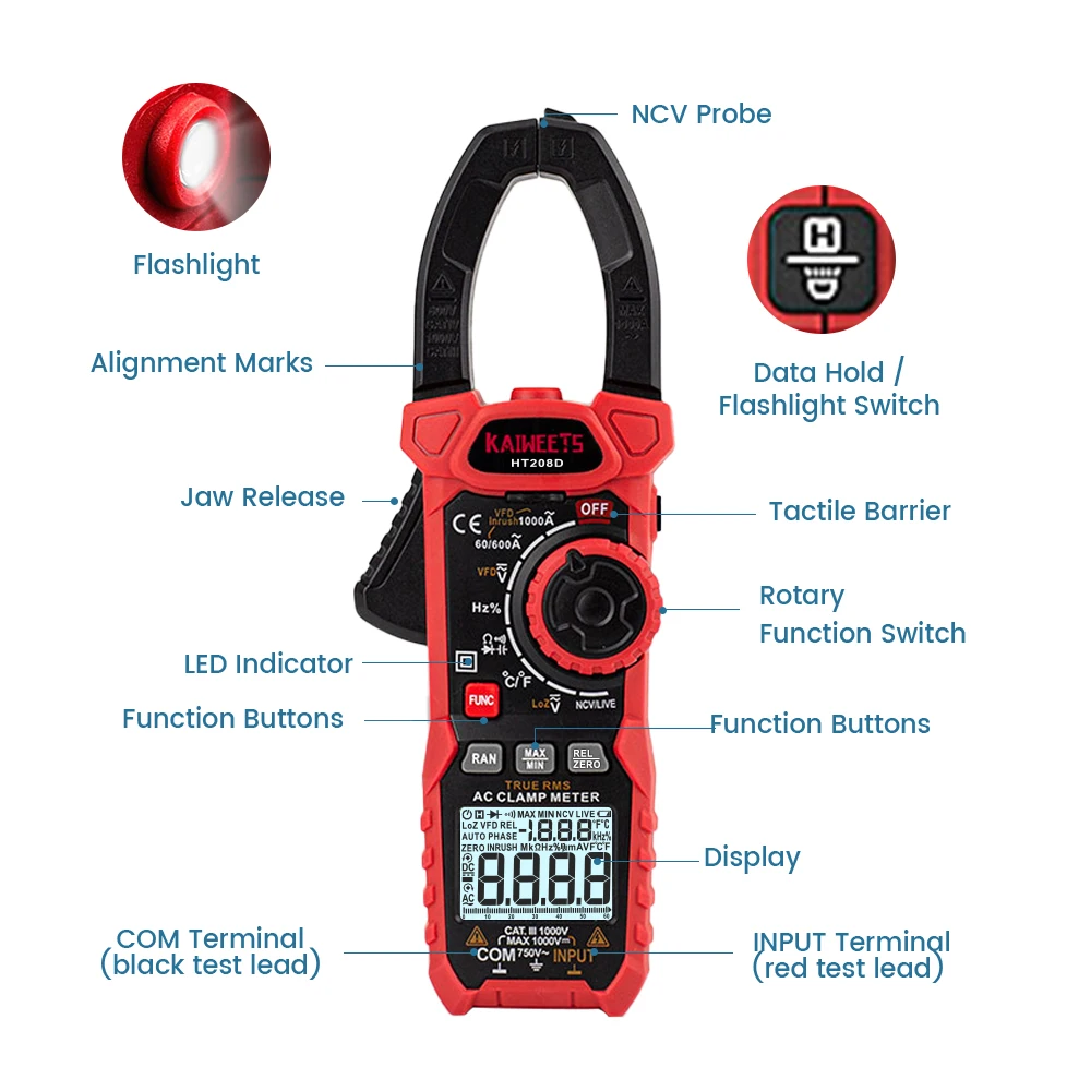 KAIWEETS HT208D Portable Handheld Digital Clamp Meter 6000 Counts AC/DC Voltage Current Capacitive Multimeter Tester