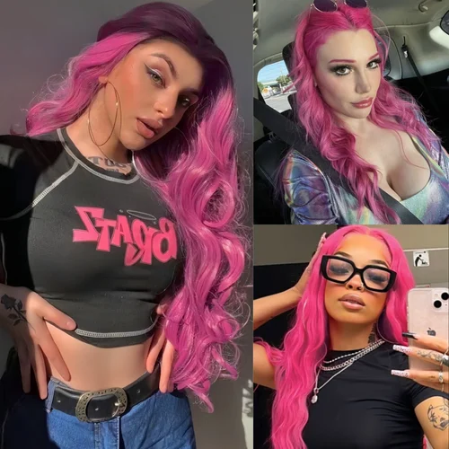 Imagen 2 del producto Peluca sintética ondulada y rizada de color rosa largo, parte libre de cabello Natural, rosa, rojo, rosa, onda de agua de color rosa intenso, pelucas frontales de encaje 13X4 para mujer