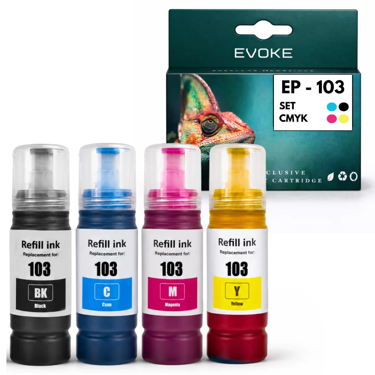 Evoke Compatibele Inkt voor Epson 103 4X Cmyk: Zwart+Cyaan+Magenta+Geel 280 ml 27000 Pagina's Ecotank L1100 1200 1210 1250 3100 3110 3111 3116 3150 3151 3156 3160 3200 3210 3211 3250 3251 3256 3260