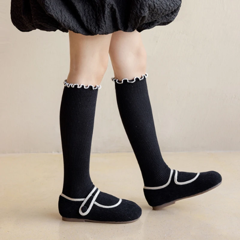 Korean Style Girls Sweet Princess Stockings Fine Vertical Stripes Wavy Flounced Cuff Even Elastic Stretch Soft Breathable Socks