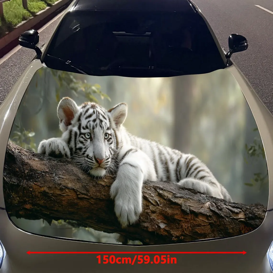 Car Decals A White Tiger Cub Exuding Cuteness And Laziness While Lounging On A Log Amid Natural Scenery Car Hood Sticker, Waterp