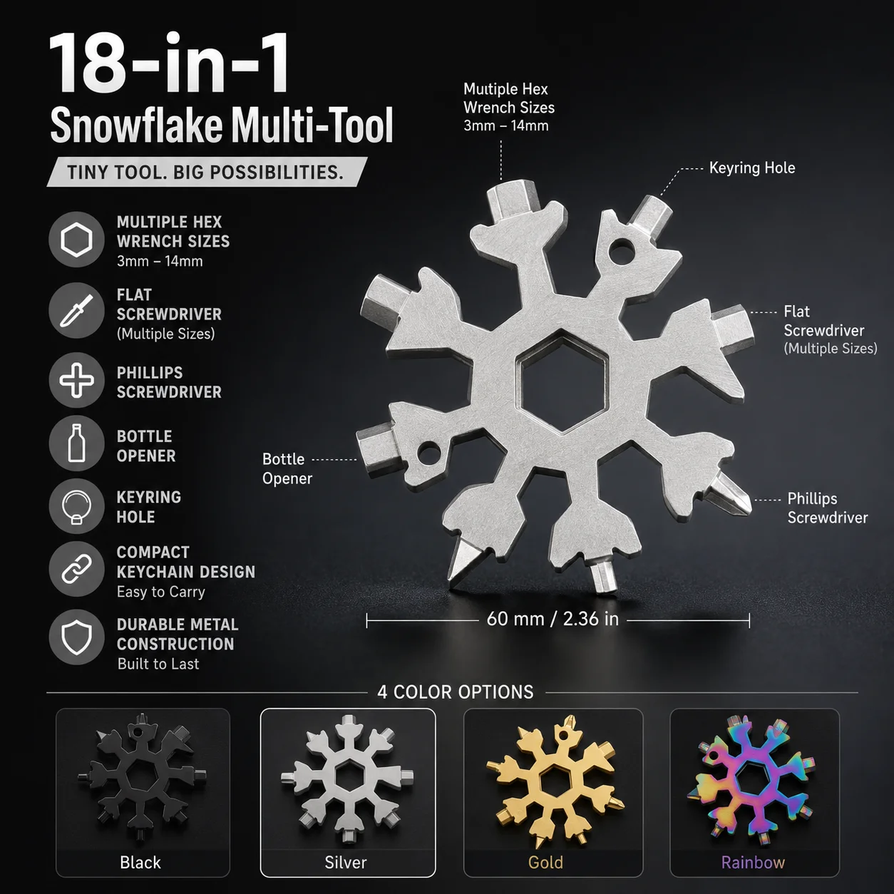 1 Pc Wrench Snowflake Multifunction Tool 18-in-1 Combination Portable Snowflake Tool With Key Ring Allen Wrench Home Car Tools