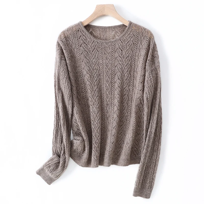 

Elegant Women O-neck 100% Merino Wool Sweater Autumn Winter Hollow Out Pullover Tops Casual Woman Solid Color Knitted Blouse