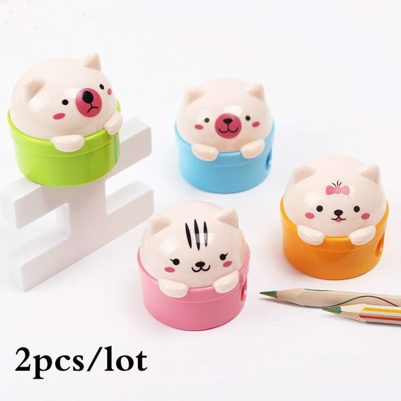 2 Pcs Double Holes Pencil Sharpener Cartoon Cat and Bear Plastic Pencil Sharpener for Kids Student School Color Random